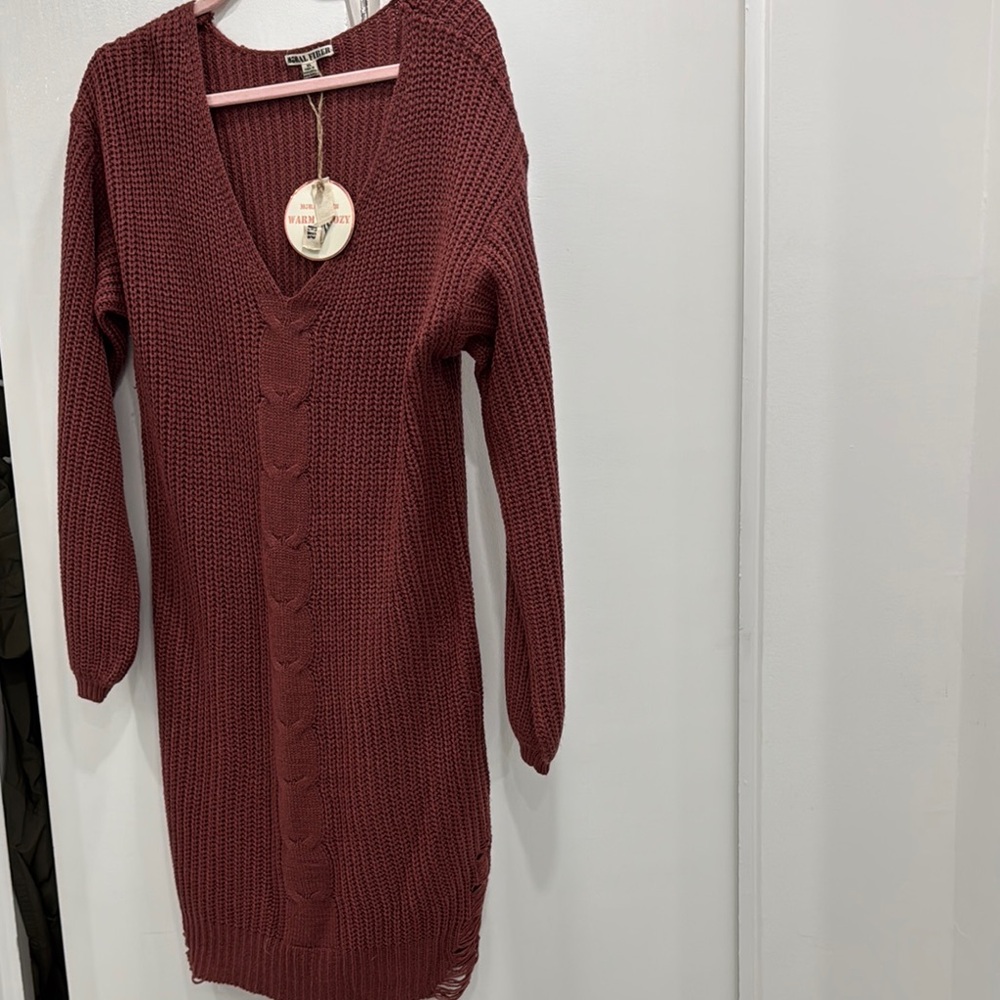 Moral Fiber Red V-Neck Cuffed Sleeve Sweater Dress
